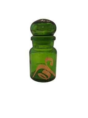 Vintage Green Glass Apothecary Jar Gold Print 4.5 Inch Decorative Lid Empty